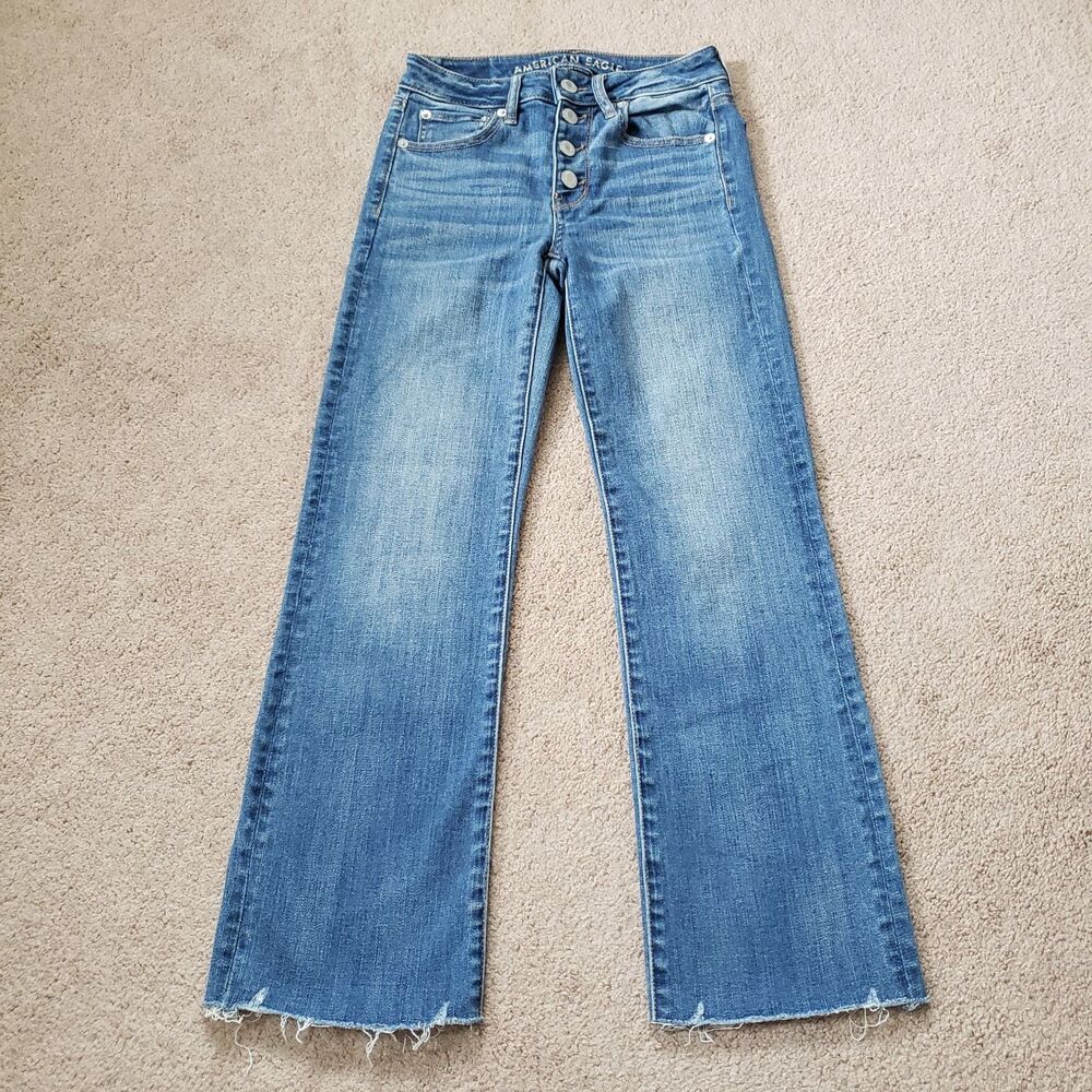 American Eagle Hi-Rise Crop Flare Super Stretch Buttons Fly Jeans Size 00 Short